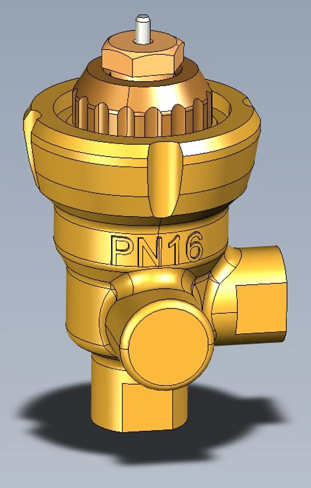 Danfoss Bypassventil in goldener Farbe mit einem zentralen Ventil und seitlichen Anschlüssen, geeignet für Anwendungen mit PN16 Druck.